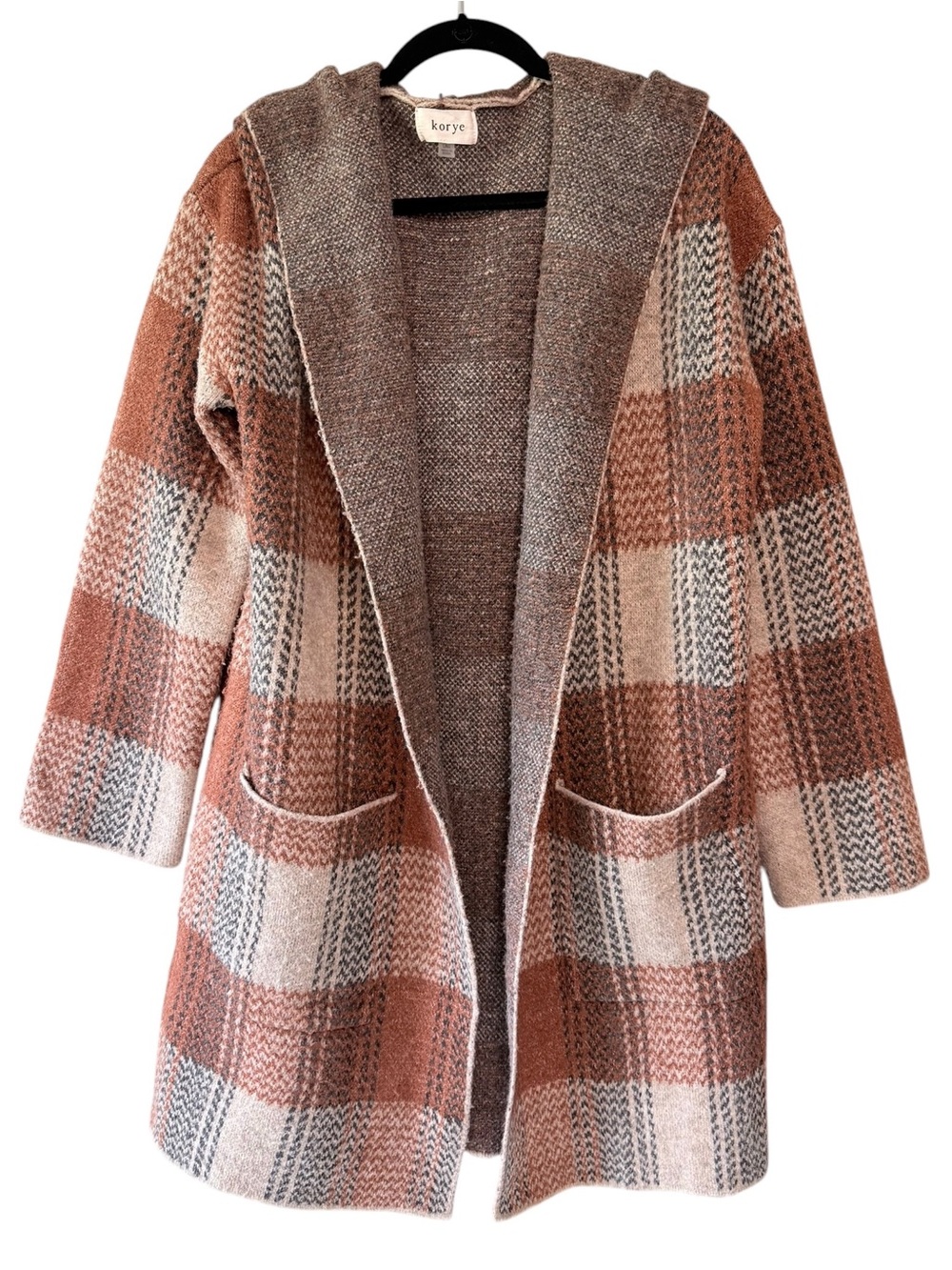 Korye Women's Plaid Hooded Open Cardigan Rust and Cream Size Large